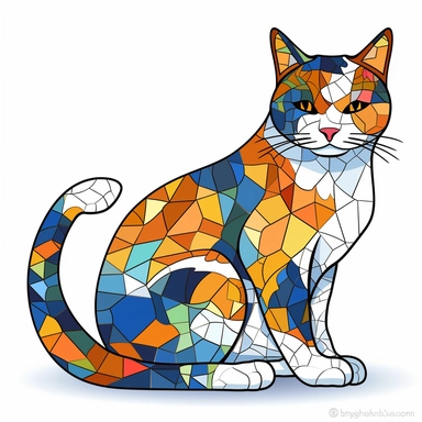 a brightly colored calico cat, Stainglass style white background clipart