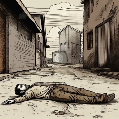 a dead body on the ground of a young man , she stands in an old poor street +whole body+ dark color tones+ vintage drawing style ,clipart drawing,clipart image,high definition drawing,clean colors,balanced colors,detailed drawing,image ratio 16:9