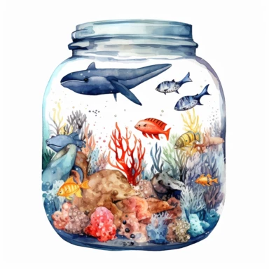 complex watercolor illustration of euphoric ocean full of marine animals, swimming around isolated in a transparent floral jar ,concept,art,8k,hd,watercolor,detailed,white backround,clipart