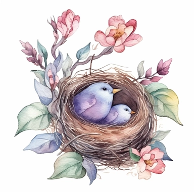 handprinted Watercolor Bird Nests Clipart, flowers, and leaves, 3 eggs on the nest and the bird sit beside on the nest. mother bird sitting beside of nest.