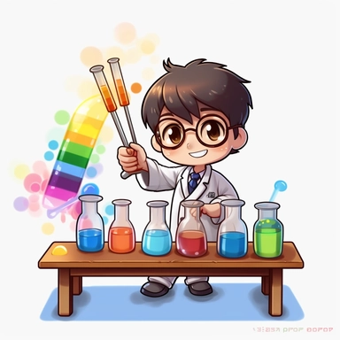 kawaii japanese style rainbow science lab filled with bubbling test tubes, beakers, and a quirky scientist conducting experiments with funny results, Best quality, 8K, HD, white background, no background, sublimation file, png, 2d, Cute kawaii style, vect