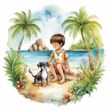 watercolour, tropical island setting, showcase a beautiful little Hawaiian Boy playing with his puppy, clipart style
