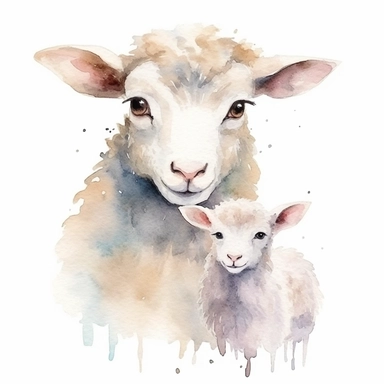 Clipart baby sheep with mom, watercolor