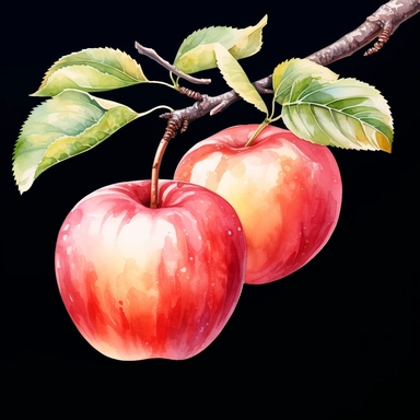 Watercolor apple hanging from a tree clipart, white background, realistic with high details, beautifully colored with strong palette pastel colors, 32k hd