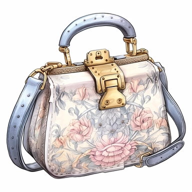 vintage style Detailed light and shadow, 2D outline, A beautifully patterned neo rococo Victorian baroque hyper realistic hand bag in varying hues of pale pink, blue and yellow, stunningly beautiful, refined and sophisticated, Hand drawn, cicely mary barker ,realistic watercolor, Clipart, emotionally pleasing watercolor, i can't believe how beatiful this is,accurate detailed line art, white background, intricate detail, clean line art, saturated fantasy watercolor
