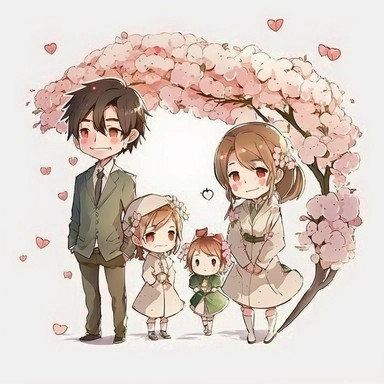 happy chibi family watercolor clipart, mother father sister brother, in the style of Makoto Shinkai, white background, spring sakura flowers