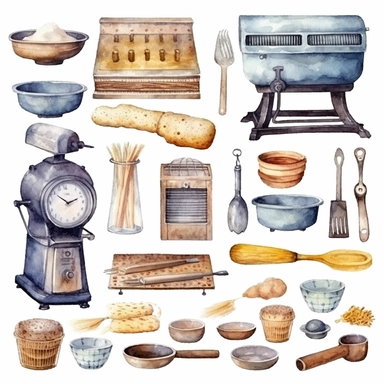 watercolor vintage, equiptment bake bekery set,Commercial Oven,Mixer,Dough Sheeter,Baking Sheets and Pans,Bread Slicer,Scales and Measuring Tools,ingredient,colorful, rice paper, clip art, 2b