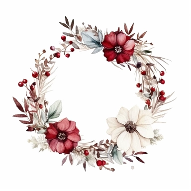 basic watercolor wreath with christmas florals in minimal hand drawn style, Etsy, textured, clipart, white background