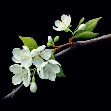 clipart of a flowering cherry blossom branch with light green leaves illustration on a black background in the style of realistic, detailed rendering, ultra feminine art, boldly colored, illustration, meticulous technique, soft and smooth