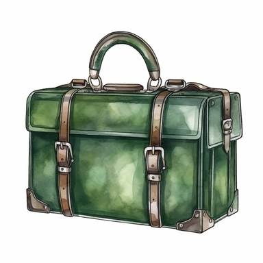 Leather green retro bag illustration isolated on white. Watercolor hand painted vintage suitcase design. Travel concept clipart.