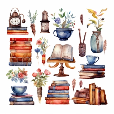 World book day hand drawn watercolor clipart set. Library books collection