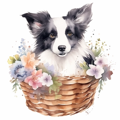 clipart watercolor, very cute Border Collie puppy, sitting in a basket with flowers, full body, childlike, free brushwork, white background, high solution