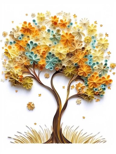 africa accacia tree art of quilling clipart, gold and glory pastel mute soft colors, illustration, white solid background,