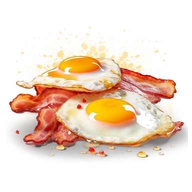 bacon and eggs in the style of digital airbrushing, realistic yet stylized, digitally enhanced, clipart, 32k uhd, clipart, white background