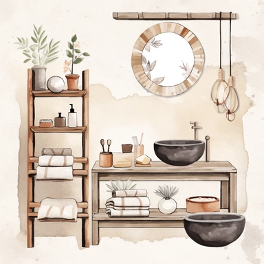 watercolor clip art style japandi bathroom furniture objects, beige, brown and white, white concrete background