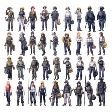 watercolor, Crowd of smart and strong women of different professions: female soldier, firefighter, police officer, businesswoman. Career equality concept. png Full body realistic cartoon in 32K UHD cute. 15 cm thick outline. Black color. There was no shadow on the ground. 8k with realistic watercolors and detailed illustrations. PNG clipart, transparent white background