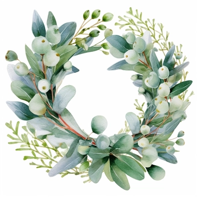 a delightful watercolor wreath made of eucalyptus, white background, clipart