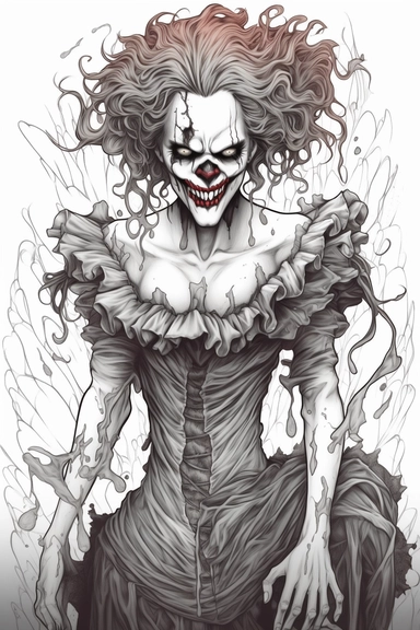 a college girl, fit-thick-build, wearing a high skirt and a cropped linen shirt, plunging neckline terrifying and evil Female clown Zombie, Full body, dripping liquid hand drawn, white background, pencil sketch, black and white, line art, coloring page for adults, printable outlined art, thin lines, intricate details, crisp lines, highly detailed, illustration, digital art, vectro, clip art, kawii, detailed grayscale, hand drawn art, charcoal sketch