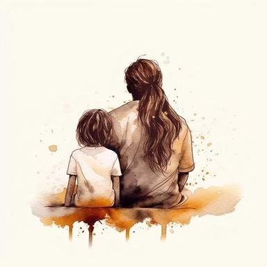 fathers day, father and family, mother and son, long hair, sitting, back view,beautiful cloths, beautiful, loving, watercolor clipart