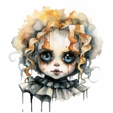 a headshot showing the scary face of a possessed doll, watercolor, ultra high-detail, dark outlines, clipart