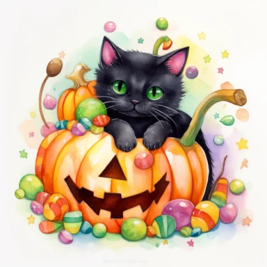 a large Halloween pumpkin, pumpkin is filled with colorful wrapped candies, lollipops, and candy corn, inside the pumpkin is a cute little black kitten with big green eyes, scattered candy is laying flat around the pumpkin, Halloween colors, magic, fantasy, watercolor, clipart style, white background with margins