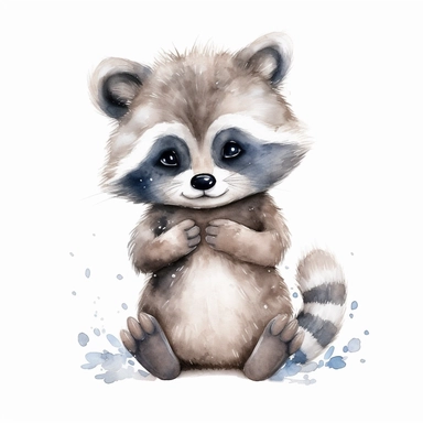 a dreamy baby raccoon with kind eyes clipart with watercolor illustration,full body shot,8k,etsy style, white background