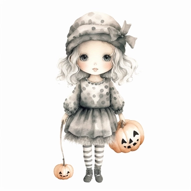 A watercolor pencile illustration of cute Halloween costume kid, inspired by nicoletta ceccoli, by Kubisi art, cute detailed artwork, high definition, whimsical art, Clipart style, png style, svg style, blank white background, isolated on a solid white ba
