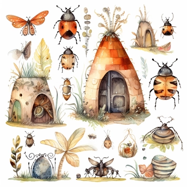Watercolor boho backyard insect house , illustrations clipart set, simple, soft colors, cartoon elements, different variants, insects, ladybug, ants, grasshopper separate elements with a margin