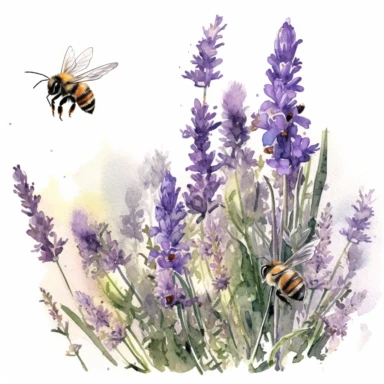 A meadow carpeted with purple lavender, bees humming and fluttering around clipart, white background, watercolor drawing