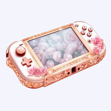 Watercolour rose gold and pastel detailed 3d gaming console Nintendo Switch , surrounded by beautiful roses and Swarovski crystals and diamonds, svg clipart style, solid white background, clipart element, clipart style highly detailed beautiful