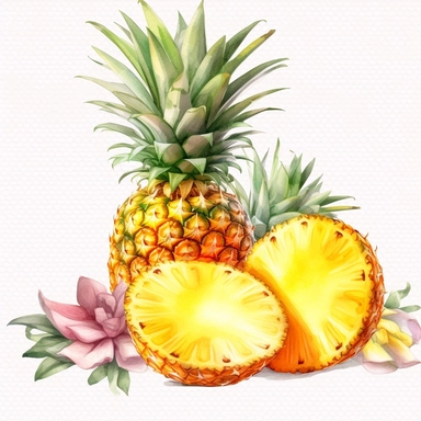 An Pineapple fruit with a slice cut out, placed on a plate or tray with other fruits or desserts , Watercolor, pastels, clipart, beautiful, colourfull, png transparent white background, high resolution, no caption q4 s2