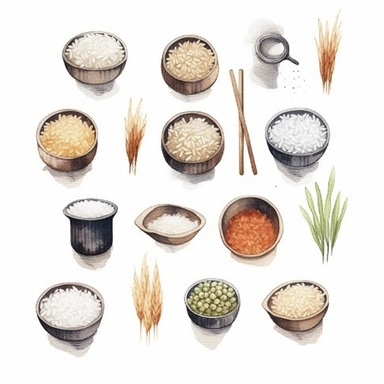 Watercolor 반찬, illustrations clipart set, simple, soft colors, cartoon elements, different variants, rice, 김치, 도라지나물, 가지나물, 파전, 단무지, 잡채, 미역무침, 콩나물, porcelain elements, chopsticks , separate elements with a margin