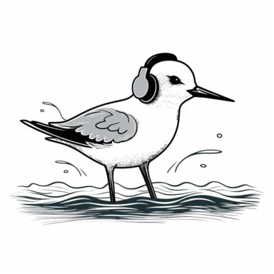 whimsical clipart sand piper wearing headphones listening to music, eyes closed, isolated white background, contour, minimalist