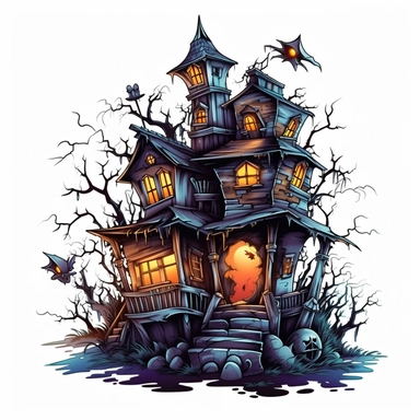 haunted Halloween house , darkness, ghost in cartoon vector illustration clipart, on a white background Sublimation Clipart Cartoon, hyper-realistic, intricate detail, illustration style, high solution, on the white background