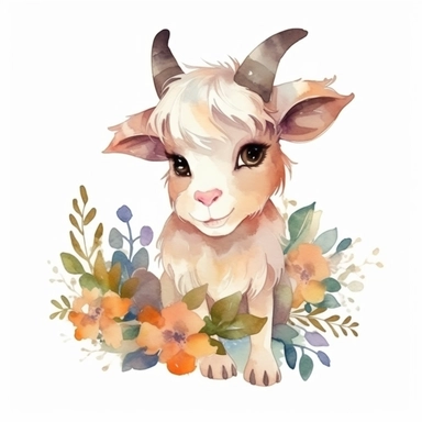a moving baby horned goat with cute big eyes, happy smiling face, cute animal, adorable, playful atitude, adorable watercolor animal clipart with a few plant and flower decor, no background, high quality
