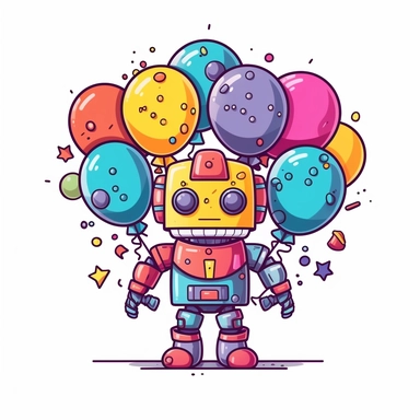 Design a clipart-style kawaii robot transformer with a vibrant color palette. The robot should have a simplified, geometric body and expressive eyes. It should be holding a bunch of colorful balloons and wearing a party hat. Ensure a high-quality image on a white background.