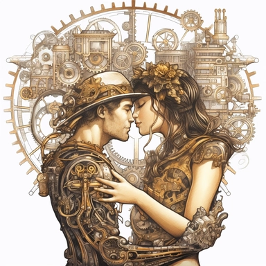 N the presence of a magnificent steampunk steam train, a couple embraces for their first kiss. The intricate clockwork mechanisms, ornate ironwork, and vintage charm create a captivating backdrop for their romantic moment. Ultra high quality, intricate detail, retro - futurism, pastel clipart, white background