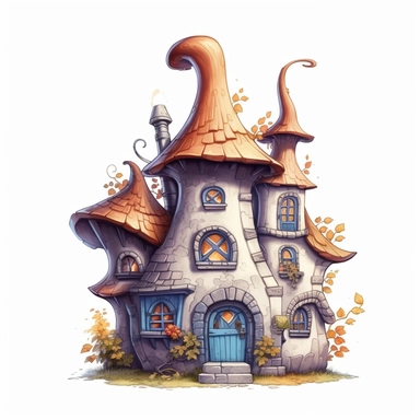 enchanted detailed fantasy fairy tale elf house in cartoon style, creamy warm blue colors on white plane background, impressive, 4k, clipart