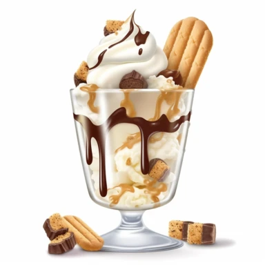 ice cream in transparent glass with cookies whipped cream syrup chocolate sticks candies digital clipart on white background
