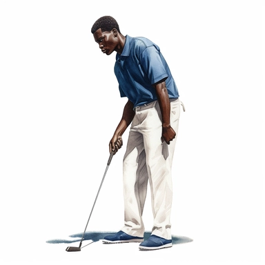 Idyllic watercolor clipart of a young black modern golfer with dark hair in white and blue close-fitting sports golf clothes standing with his putting club on the putting green, isolated on a pure white background, insane detail,