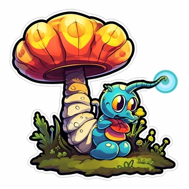 cute, cartoon, clipart, caterpillar smoking a hookah sitting on a magic mushroom, sticker