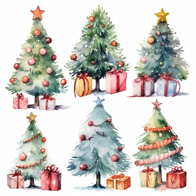 Watercolor christmas trees with christmas ornaments with gift boxes underneath, illustrations clipart set, simple, christmas colors , cartoon elements, different variants , candy cane, hollybell, bow, separate elements with a margin