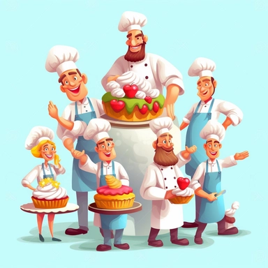 Confectioner chef composition with team of cartoon style cook characters making cupcakes from flour and dough vector clipart
