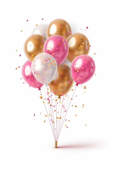 3d transparent birthday balloon filled in with pink in gold confetti, clipart, white background