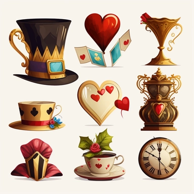 collection of hat , teapot,book, teacup, hearts cards, big crazy hat, gold melting clock , hourglass, queen of hearts , hearts paying cards vector clipart on white background