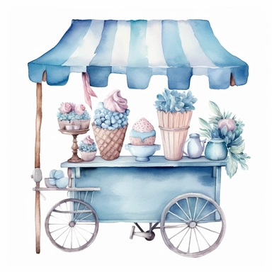 Watercolor wedding icecream blue stand, wedding clipart, simple, soft colors, cartoon elements, watercolor boho style, white transparent