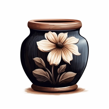 black Flower inside a brown wood Pot Clipart in the style of oil painting, clean lines on a white background