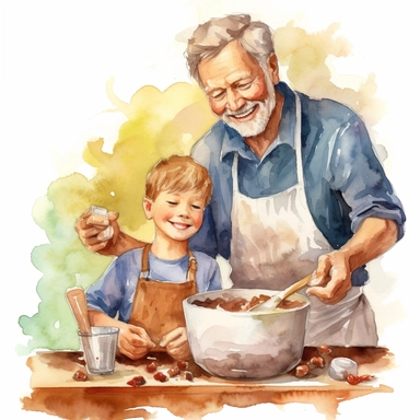 fathers day, grandfather and young son, mixing cake mixture in bowl, kitchen, happy, smile, watercolour clipart