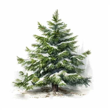 small snow covered christmas Nordmann Fir (Abies nordmanniana): with glossy, dark green needles, in the forest covered with snow, hyperrealistic detailed watercolor and oil illustration, clipart , white background, detailed, realistic