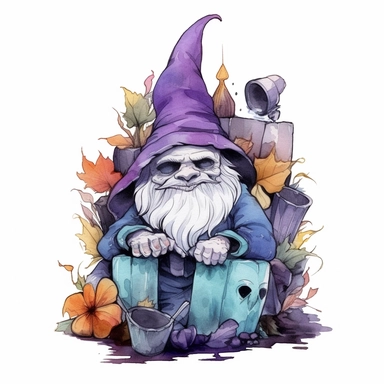 halloween gnome with coffins and bats,watercolor,thick outlines,sublimation clipart,deep purple,deep cyan,white background